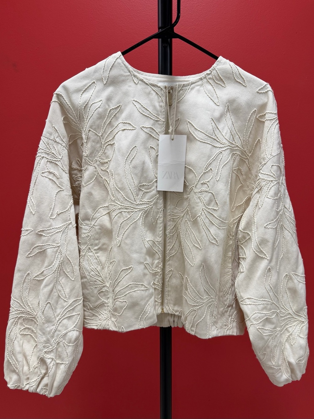 ZARA Cream Embroidered Zip-Up Jacket